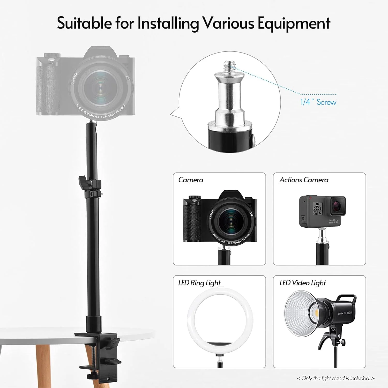 پایه فلزی رومیزی با گیره C، پایه نور رومیزی با ارتفاع قابل تنظیم 36 تا 60 سانتی متر، پیچ 1/4 اینچی برای دوربین DSLR، رینگ لایت، ویدئو لایت، پروژکتور، بسته 2 عددی پایه فلزی رومیزی با گیره C، پایه نور رومیزی با ارتفاع قابل تنظیم 36 تا 60 سانتی متر، پیچ 1/4 اینچی برای دوربین DSLR، رینگ لایت، ویدئو لایت، پروژکتور، بسته 2 عددی