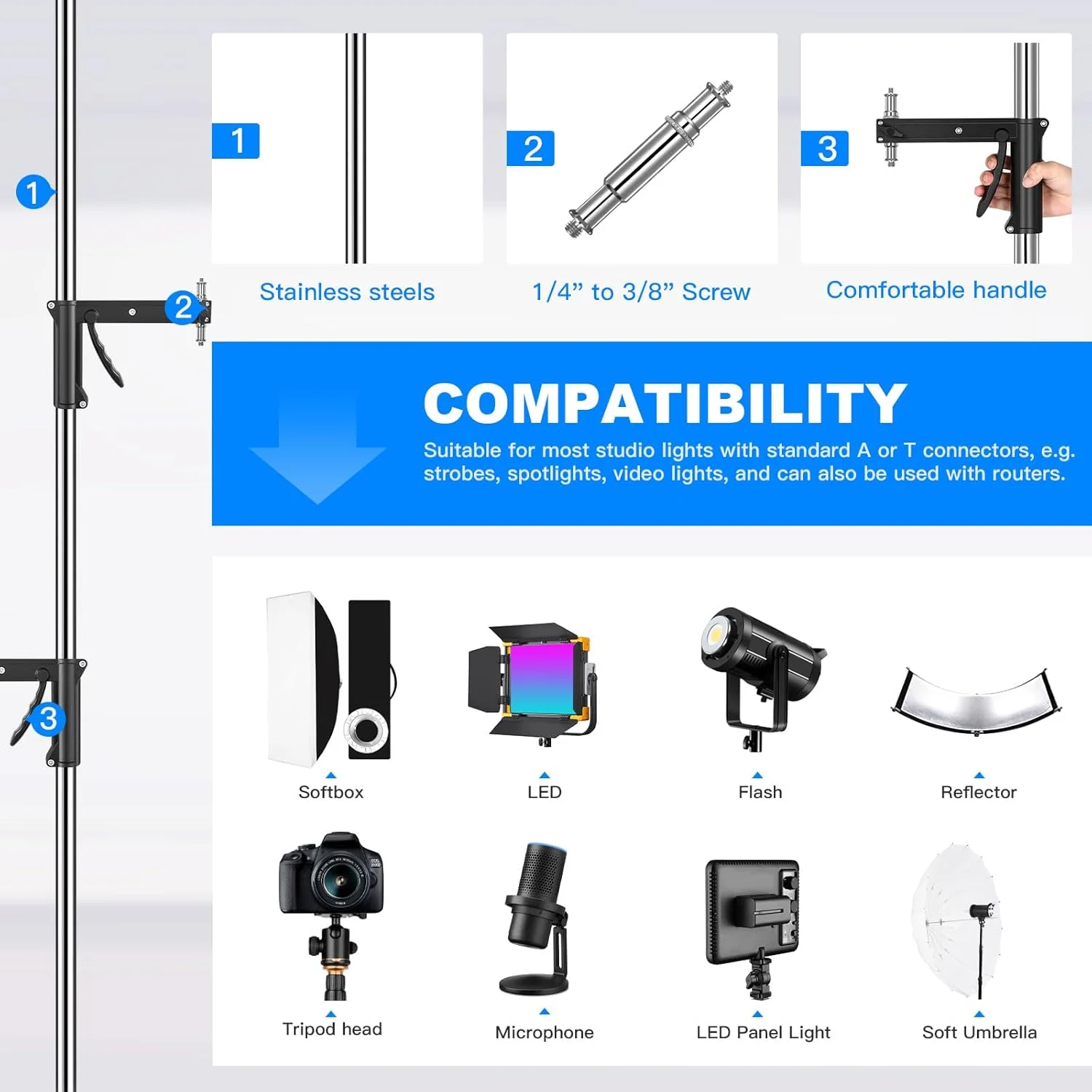 پایه نور چرخ دار فولادی M20 با دسته تپانچه ای و بازوی کشویی و ستون روکش کروم، حداکثر ارتفاع 2 متر، حداکثر بار 10 کیلوگرم، ایده آل برای عکاسی با پایه نور پایه نور چرخ دار فولادی M20 با دسته تپانچه ای و بازوی کشویی و ستون روکش کروم، حداکثر ارتفاع 2 متر، حداکثر بار 10 کیلوگرم، ایده آل برای عکاسی با پایه نور