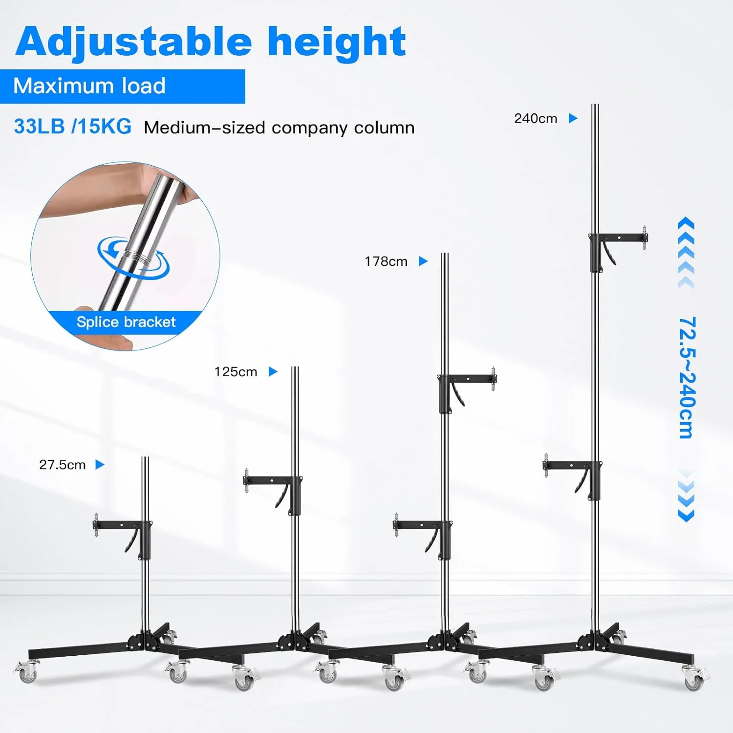 پایه نور چرخ دار فولادی M20 با دسته تپانچه ای و بازوی کشویی و ستون روکش کروم، حداکثر ارتفاع 2 متر، حداکثر بار 10 کیلوگرم، ایده آل برای عکاسی با پایه نور پایه نور چرخ دار فولادی M20 با دسته تپانچه ای و بازوی کشویی و ستون روکش کروم، حداکثر ارتفاع 2 متر، حداکثر بار 10 کیلوگرم، ایده آل برای عکاسی با پایه نور