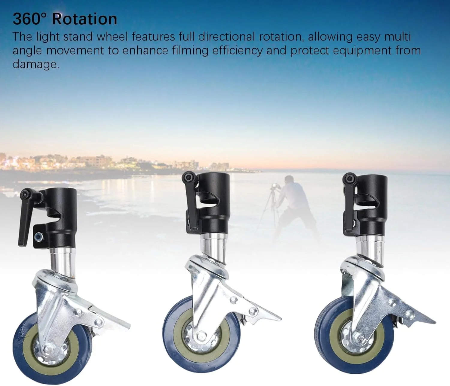 3 عدد چرخ پایه نور عکاسی برای پایه نور 25 میلیمتری، چرخهای فلزی با چرخش 360 درجه، مناسب استودیو/پخش زنده 3 عدد چرخ پایه نور عکاسی برای پایه نور 25 میلیمتری، چرخهای فلزی با چرخش 360 درجه، مناسب استودیو/پخش زنده