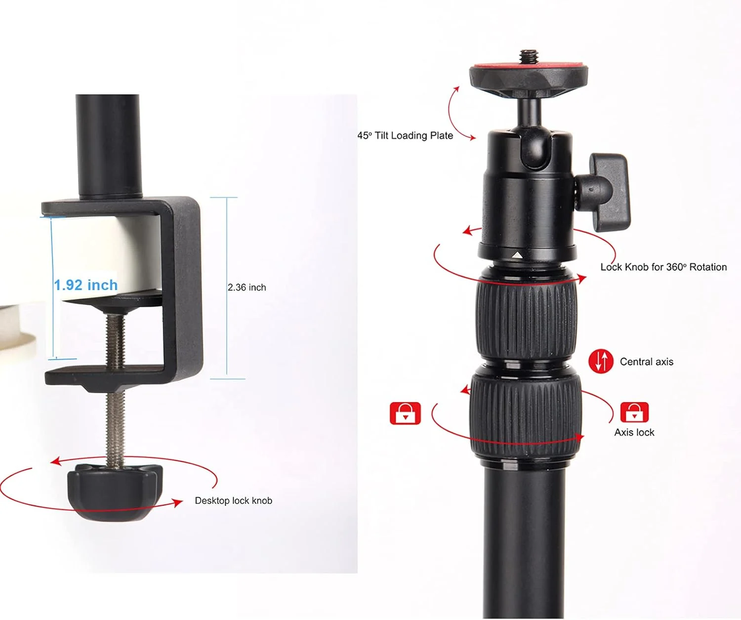 پایه رومیزی Regetek با سر توپی چرخان 360 درجه، پایه رومیزی 16-33 اینچی، پایه نور رومیزی آلومینیومی با پیچ 1/4 برای دوربین DSLR، نور حلقه ای، ویدئو، پنل نور، مینی پروژکتور