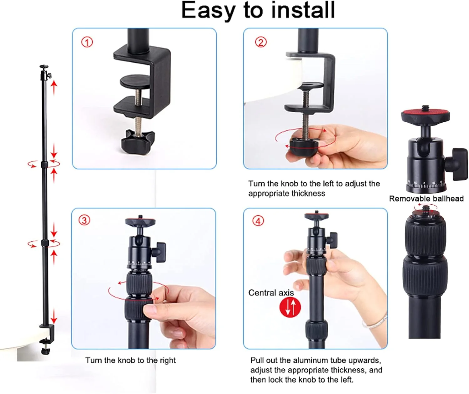 پایه رومیزی Regetek با سر توپی چرخان 360 درجه، پایه رومیزی 16-33 اینچی، پایه نور رومیزی آلومینیومی با پیچ 1/4 برای دوربین DSLR، نور حلقه ای، ویدئو، پنل نور، مینی پروژکتور