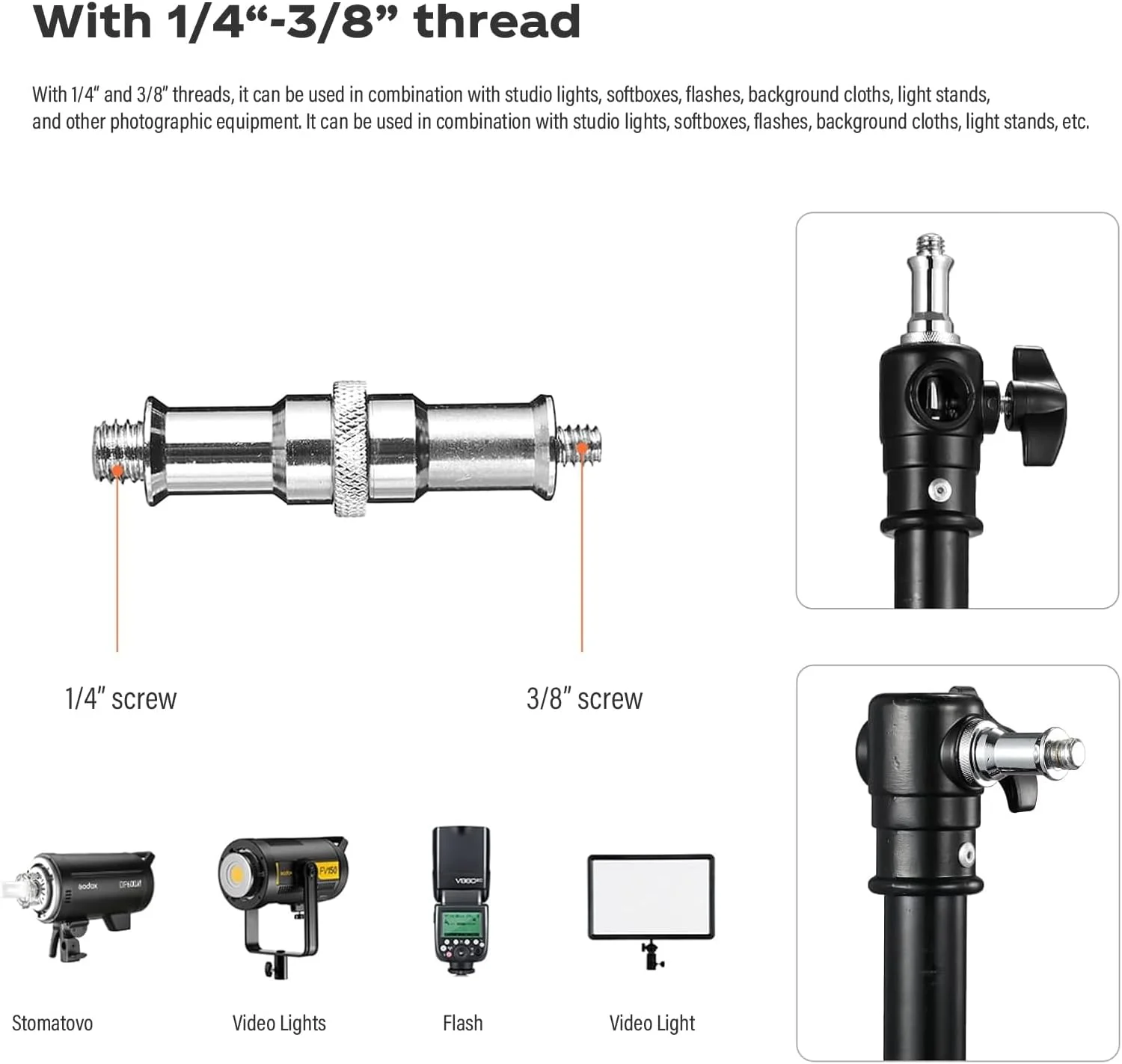 بازوی بوم اکستنشن عکاسی Soonpho برای پایه نور/پایه C، میله عرضی قابل تنظیم 70 سانتی متر تا 150 سانتی متر با پیچ 1/4 اینچ به 3/8 اینچ