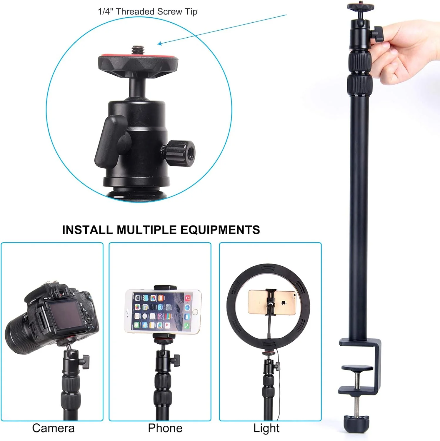 پایه رومیزی Regetek با سر توپی چرخان 360 درجه، پایه رومیزی 16-33 اینچی، پایه نور رومیزی آلومینیومی با پیچ 1/4 برای دوربین DSLR، نور حلقه ای، ویدئو، پنل نور، مینی پروژکتور