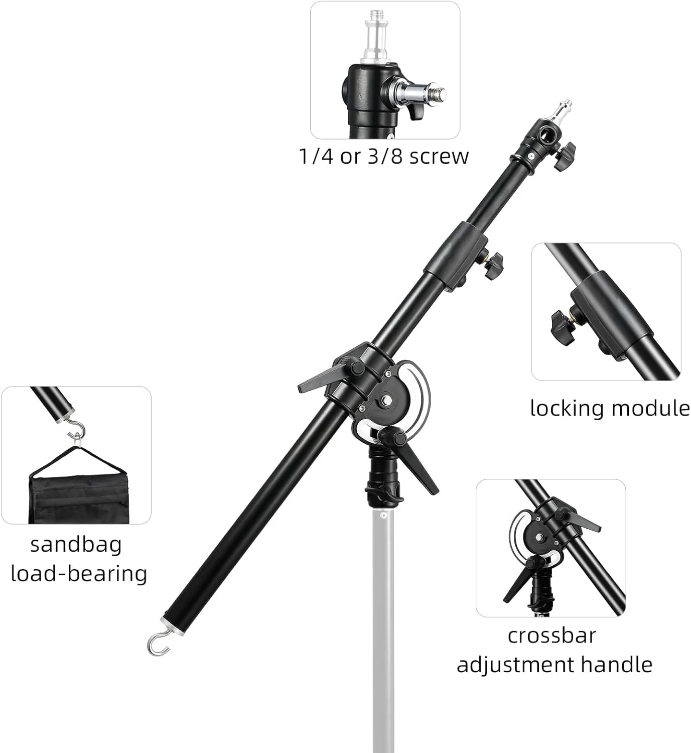 بازوی بوم اکستنشن عکاسی Soonpho برای پایه نور/پایه C، میله عرضی قابل تنظیم 70 سانتی متر تا 150 سانتی متر با پیچ 1/4 اینچ به 3/8 اینچ