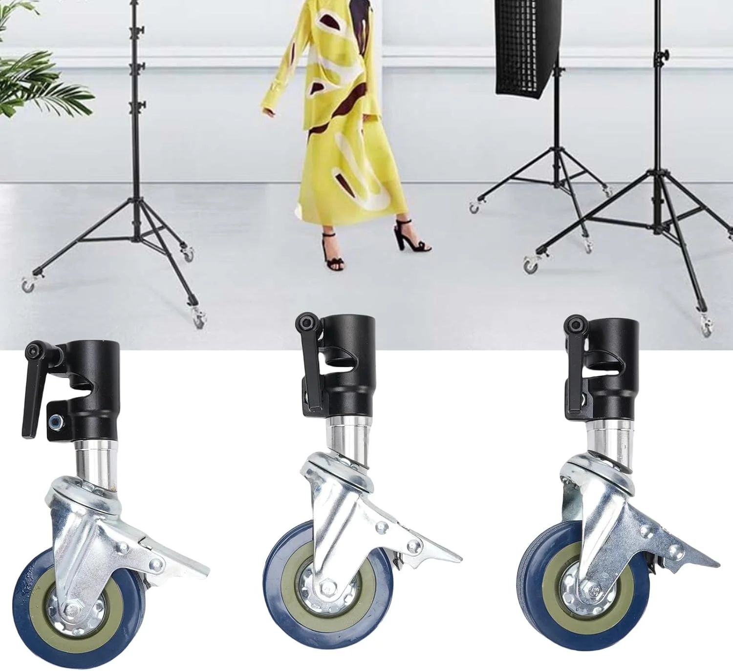 پایه چرخ دار سه تایی C با قفل ترمز، چرخ های نورپردازی عکاسی، چرخ های فلزی بی صدا با چرخش 360 درجه برای پایه نور 25 میلی متری