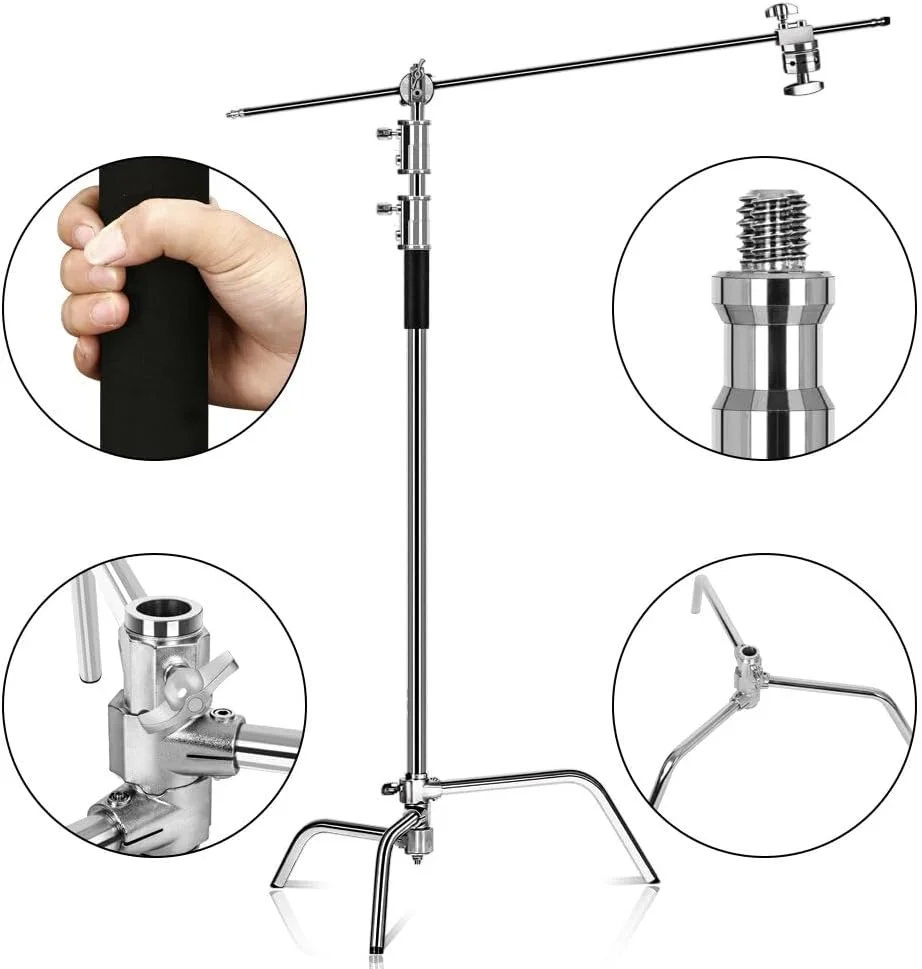 پایه نور حرفه ای عکاسی آلیاژ آلومینیوم C-Stand با بازوی بوم پایه های تاشو ظرفیت بارگیری 20 کیلوگرم حداکثر ارتفاع 330 سانتی متر برای استودیوی عکس