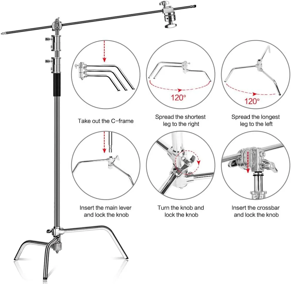 پایه نور حرفه ای عکاسی آلیاژ آلومینیوم C-Stand با بازوی بوم پایه های تاشو ظرفیت بارگیری 20 کیلوگرم حداکثر ارتفاع 330 سانتی متر برای استودیوی عکس