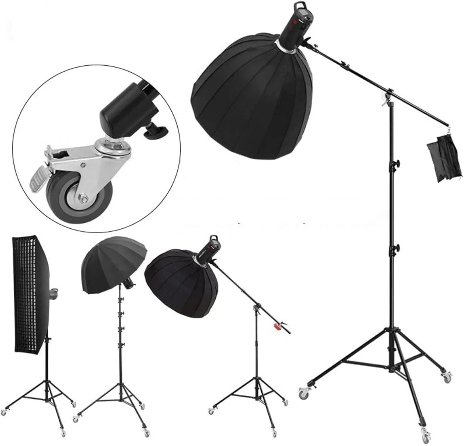 یک ست پایه نورپردازی عکاسی با چرخ های گردان 360 درجه برای حرکت کارآمد