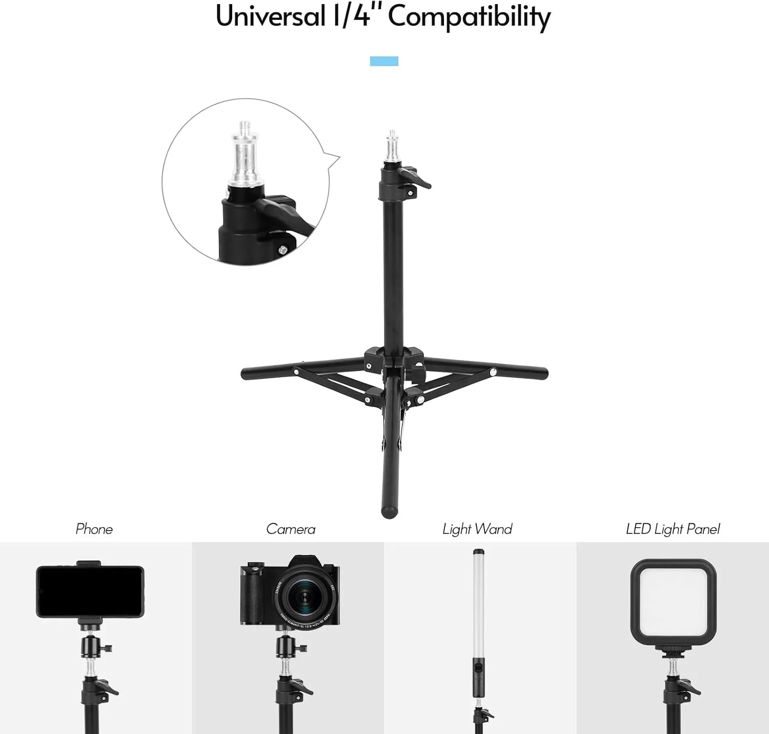 پایه نور ویدئویی قابل تنظیم پپیسکی، دو قسمتی، 50 سانتی متر، حداکثر وزن قابل تحمل 1.5 کیلوگرم، با رابط جهانی 1/4 اینچی برای نور LED ویدئویی، نگهدارنده تلفن، دوربین
