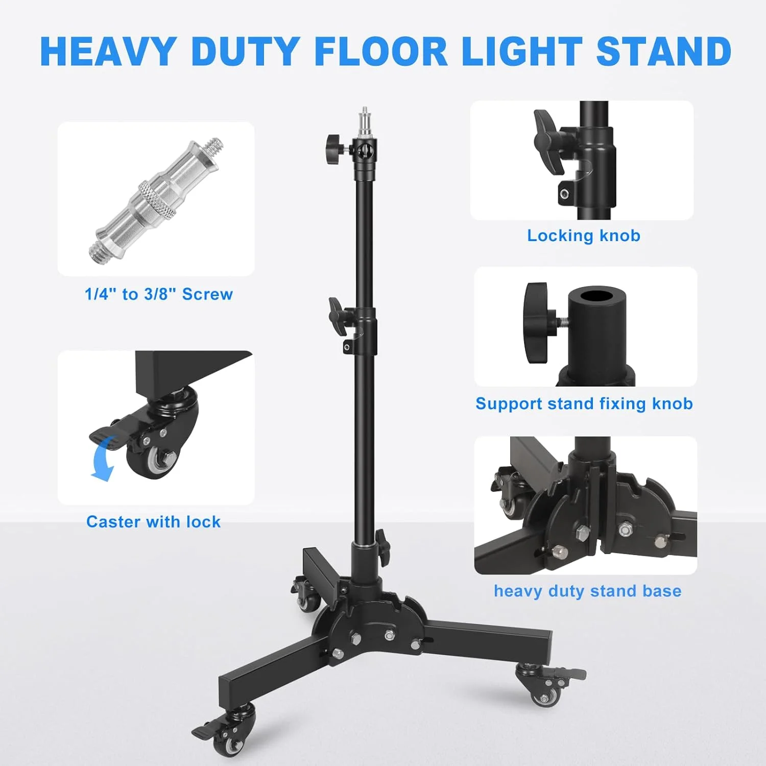 پایه نور سنگین با چرخ، پایه رولینگ تاشو و قابل جابجایی 60.5-83.5 سانتیمتری برای عکاسی زاویه پایین/روی میز، حداکثر ارتفاع 83.5 سانتیمتر پایه نور سنگین با چرخ، پایه رولینگ تاشو و قابل جابجایی 60.5-83.5 سانتیمتری برای عکاسی زاویه پایین/روی میز، حداکثر ارتفاع 83.5 سانتیمتر