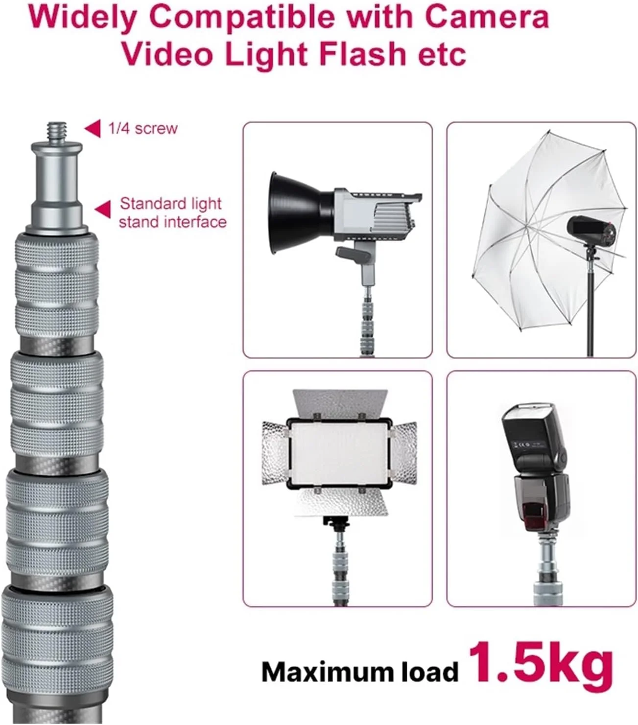 پایه نور MT-49 1.9 متری فیبر کربنی، سه پایه نور قابل حمل برای نور LED، فلاش، سافت باکس، تک پایه مسافرتی