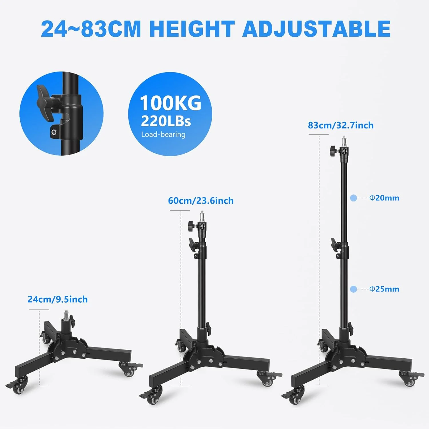پایه نور سنگین با چرخ، پایه رولینگ تاشو و قابل جابجایی 60.5-83.5 سانتیمتری برای عکاسی زاویه پایین/روی میز، حداکثر ارتفاع 83.5 سانتیمتر پایه نور سنگین با چرخ، پایه رولینگ تاشو و قابل جابجایی 60.5-83.5 سانتیمتری برای عکاسی زاویه پایین/روی میز، حداکثر ارتفاع 83.5 سانتیمتر