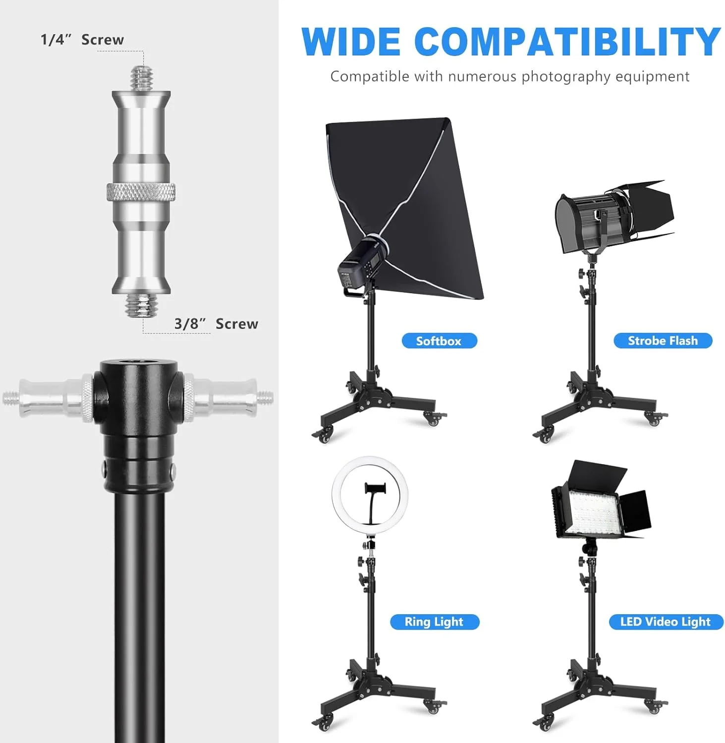 پایه نور سنگین با چرخ، پایه رولینگ تاشو و قابل جابجایی 60.5-83.5 سانتیمتری برای عکاسی زاویه پایین/روی میز، حداکثر ارتفاع 83.5 سانتیمتر پایه نور سنگین با چرخ، پایه رولینگ تاشو و قابل جابجایی 60.5-83.5 سانتیمتری برای عکاسی زاویه پایین/روی میز، حداکثر ارتفاع 83.5 سانتیمتر