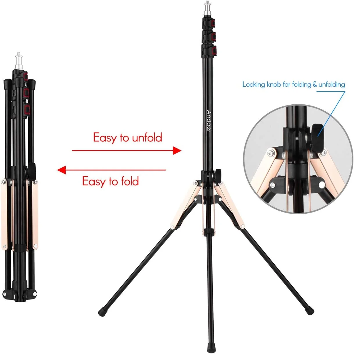 پایه نورپردازی قابل حمل آلیاژ آلومینیوم Labymos 190cm با پایه تاشو معکوس و طراحی قفل های چرخشی 3 قسمتی به همراه پیچ 1/4 اینچی برای رینگ لایت، سافت باکس، فلاش و رفلکتور