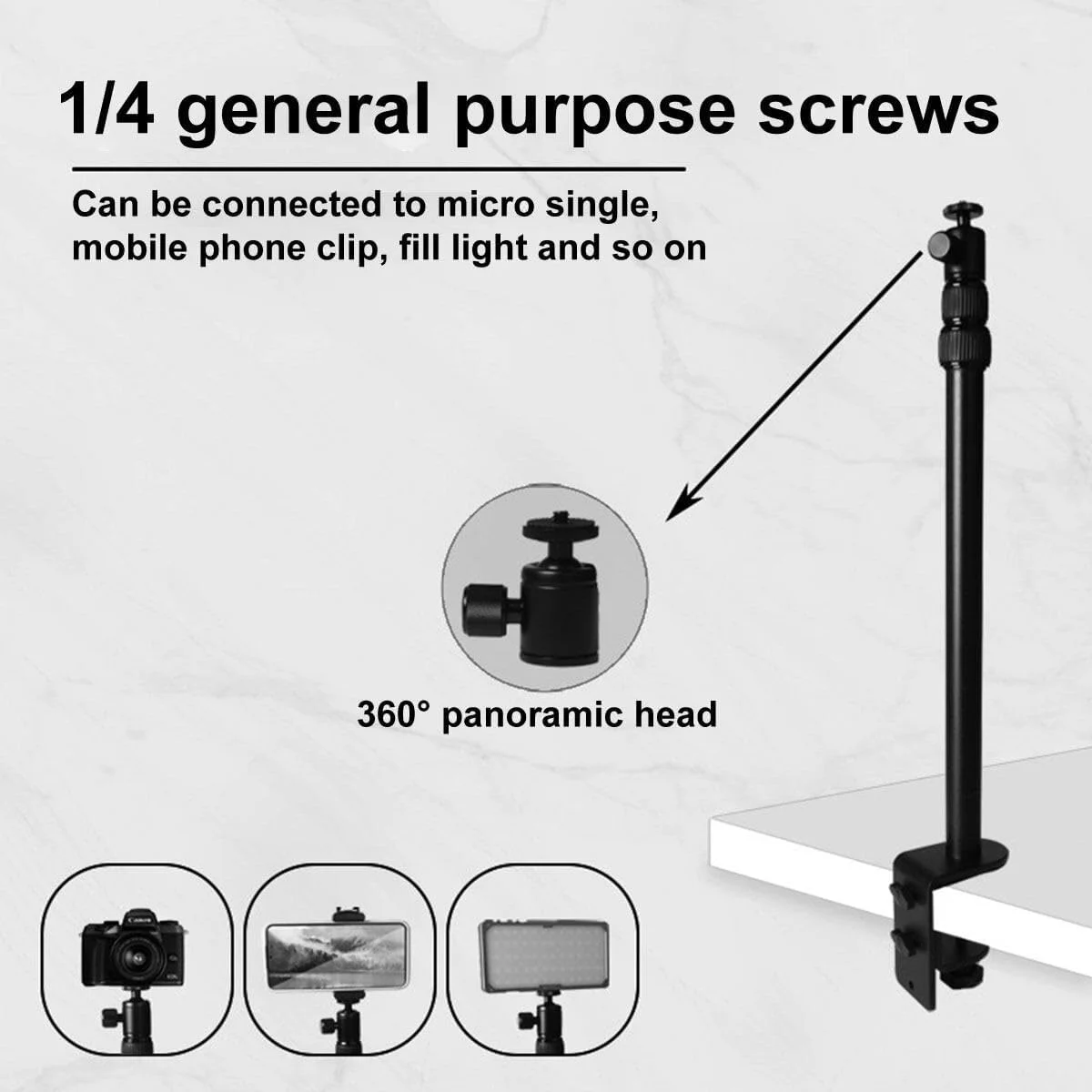پایه نور بازویی چند منظوره رومیزی، پایه نور یونیورسال با کلاهک اتصال کفشکی، گیره تلفن همراه، پیچ 1/4 اینچی، سازگار با دوربین، نورپردازی عکاسی تلفن همراه و غیره. قابل استفاده برای
