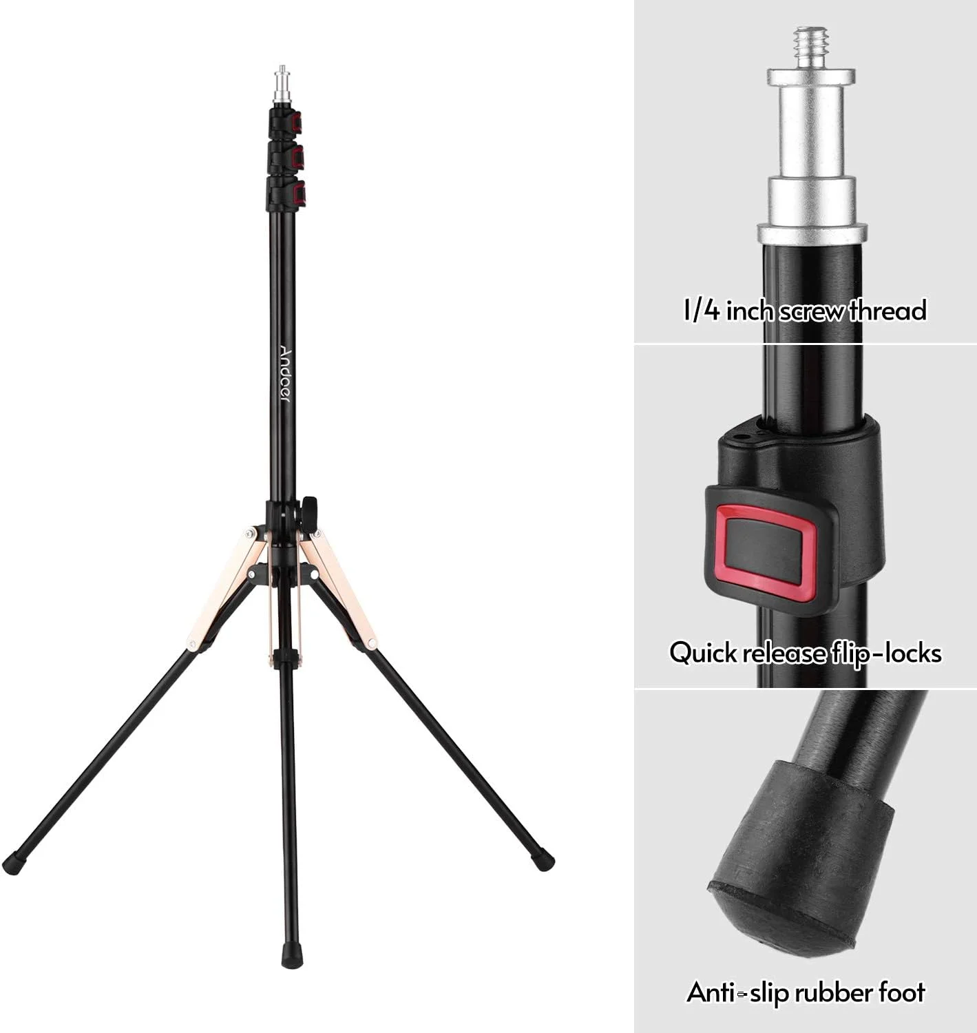 پایه نورپردازی قابل حمل آلیاژ آلومینیوم Labymos 190cm با پایه تاشو معکوس و طراحی قفل های چرخشی 3 قسمتی به همراه پیچ 1/4 اینچی برای رینگ لایت، سافت باکس، فلاش و رفلکتور