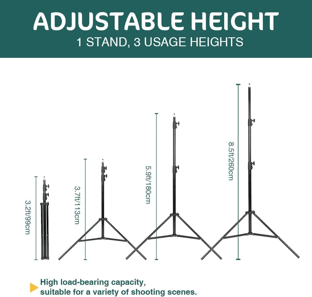 پایه نور سنگین کیت برای عکاسی، پایه سه پایه ویدئویی عکس پایدار 2.6 متری با گیره، کیسه شن، کیف حمل و آداپتورهای پیچی - حداکثر بار 15 کیلوگرم برای استروب استودیویی، سافت باکس، نور ویدئویی LED