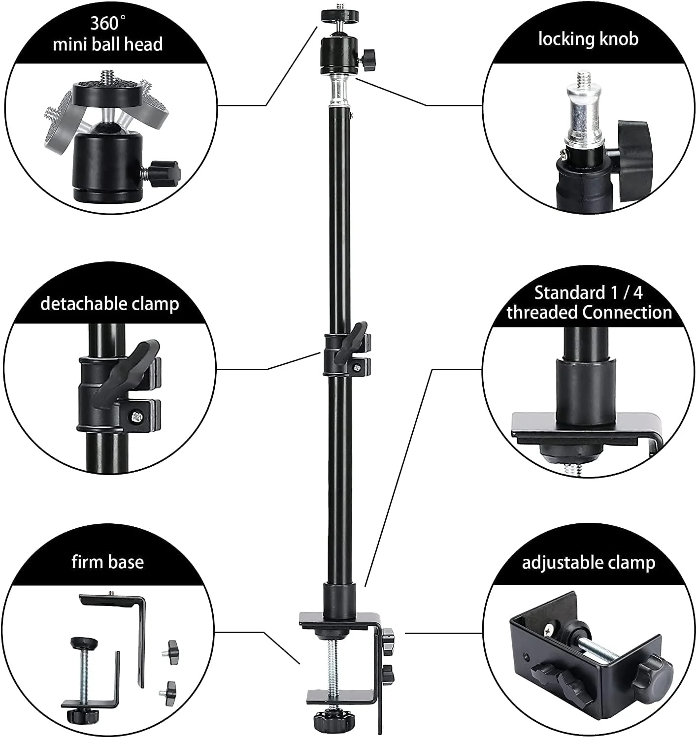 پایه نور رومیزی E-Image TP-1 به همراه سر توپی | پایه نصب رومیزی با پیچ 1/4 اینچی ارتقا یافته | پایه گیره C شکل رومیزی و سر توپی با قابلیت چرخش 360 درجه برای دوربین DSLR / رینگ لایت / نور ویدئو | حداکثر تحمل وزن 3 کیلوگرم
