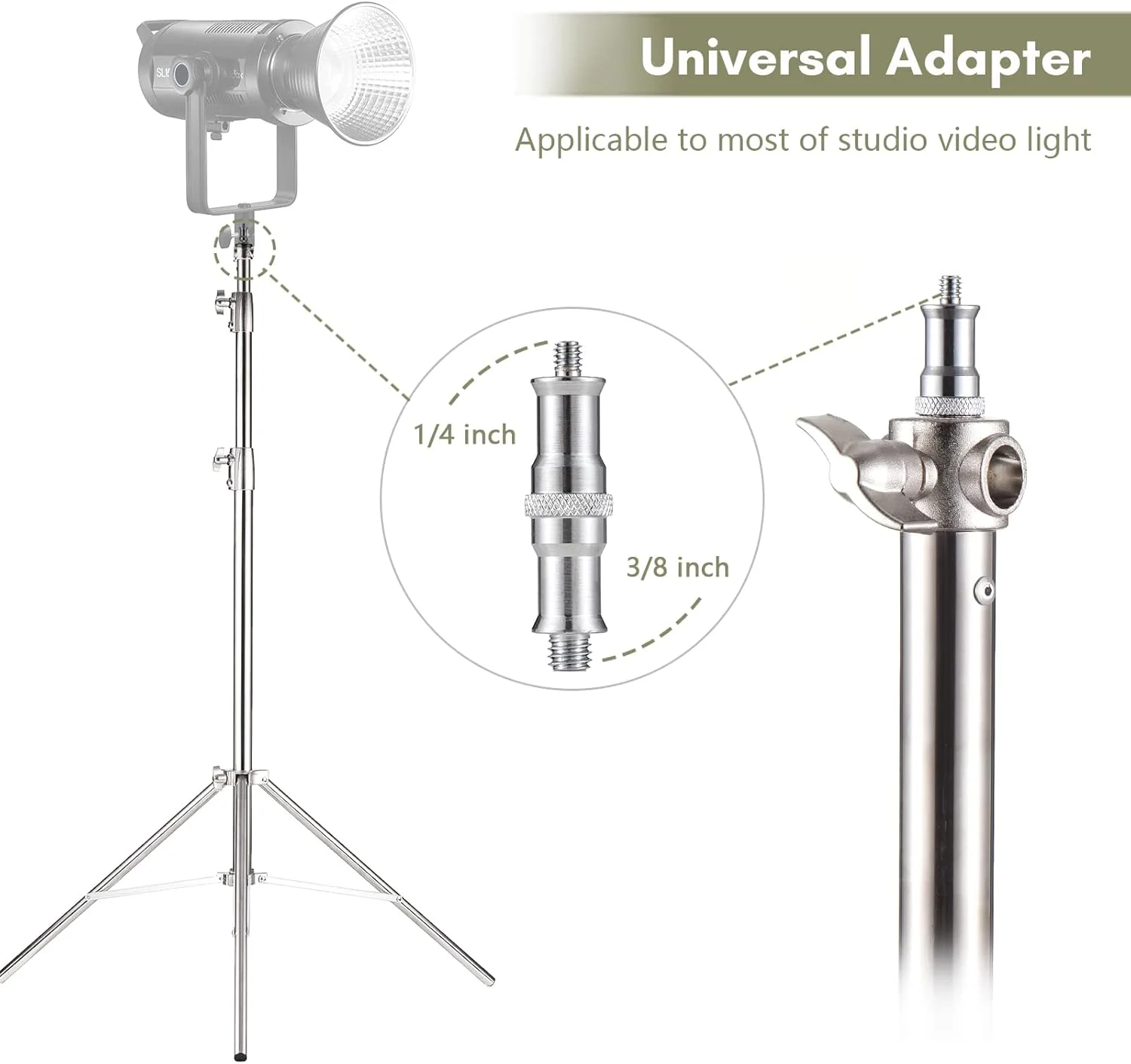 پایه نورپردازی سنگین Joleritc از جنس استیل ضد زنگ، حداکثر ارتفاع 280 سانتی متر، دارای پیچ 1/4 اینچ و 3/8 اینچ برای سافت باکس استودیویی، مونو لایت، نور ویدئویی و فلاش