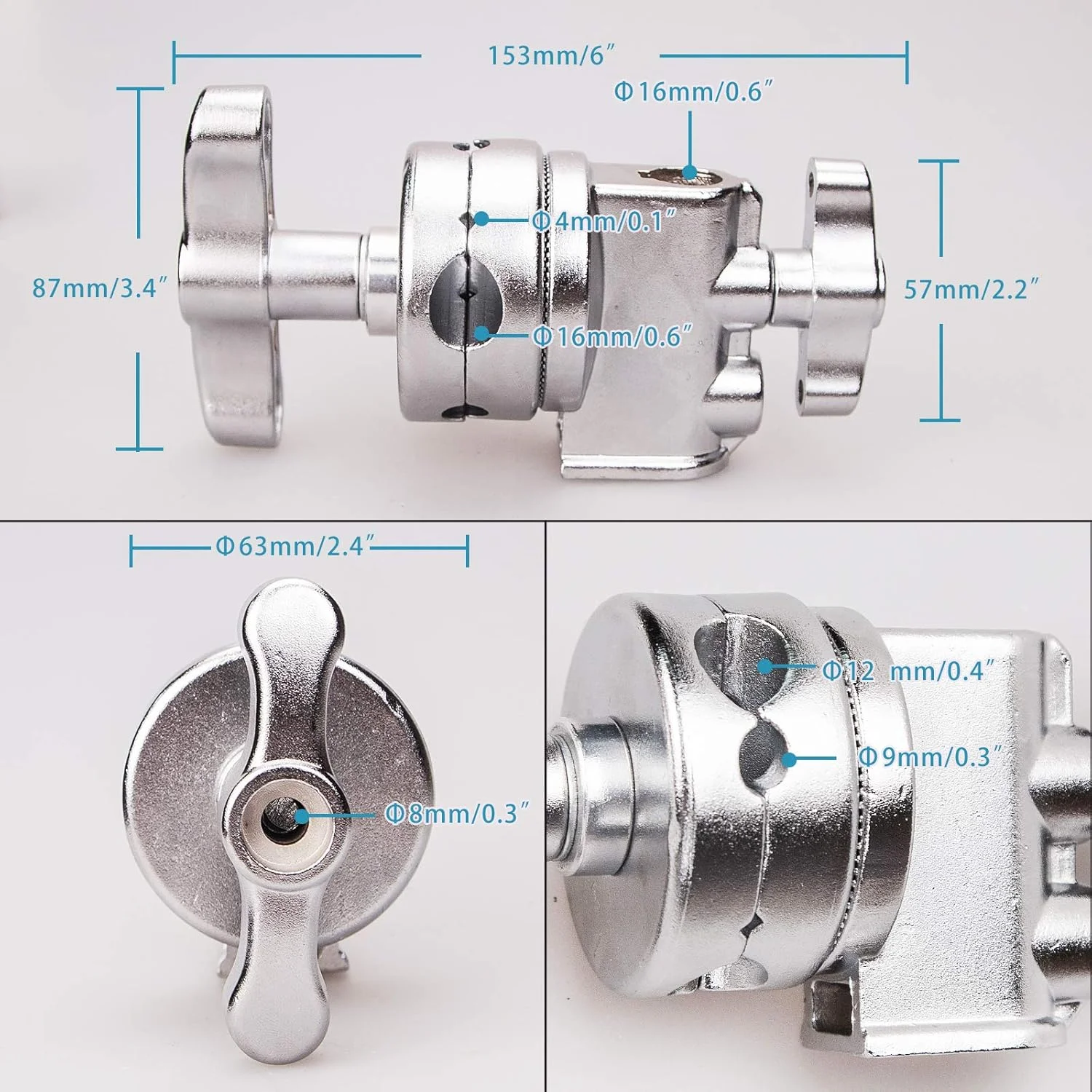 سر گیره چند منظوره سنگین برای پایه نور، بازوی بوم و لوازم جانبی، قطر 2.5 اینچ کروم