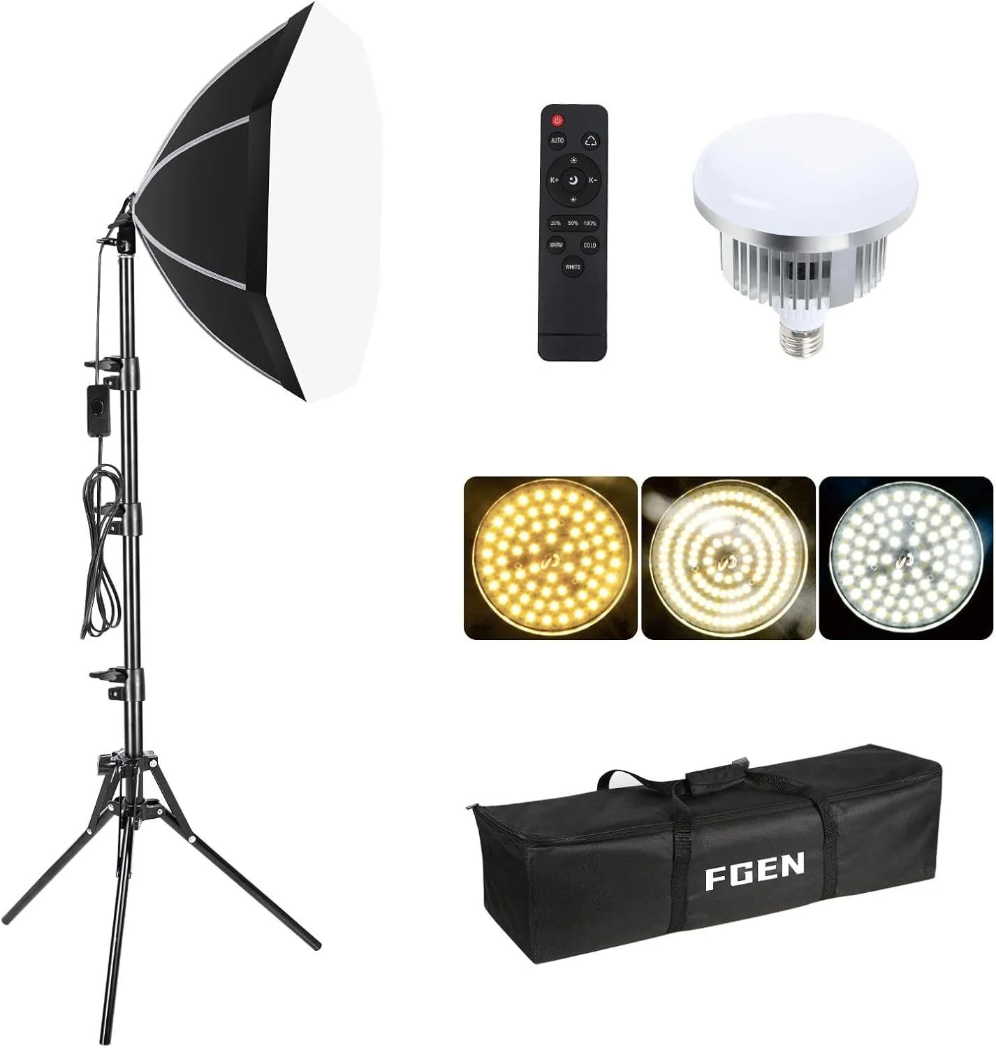 نرم باکس نور FGen، نرم باکس هشت ضلعی 50 سانتی متری با طول کابل 300 سانتی متر به همراه لامپ های LED قابل تنظیم، پایه نور 150 سانتی متری برای عکاسی پرتره، پخش زنده، عکاسی ویدیویی یوتیوب