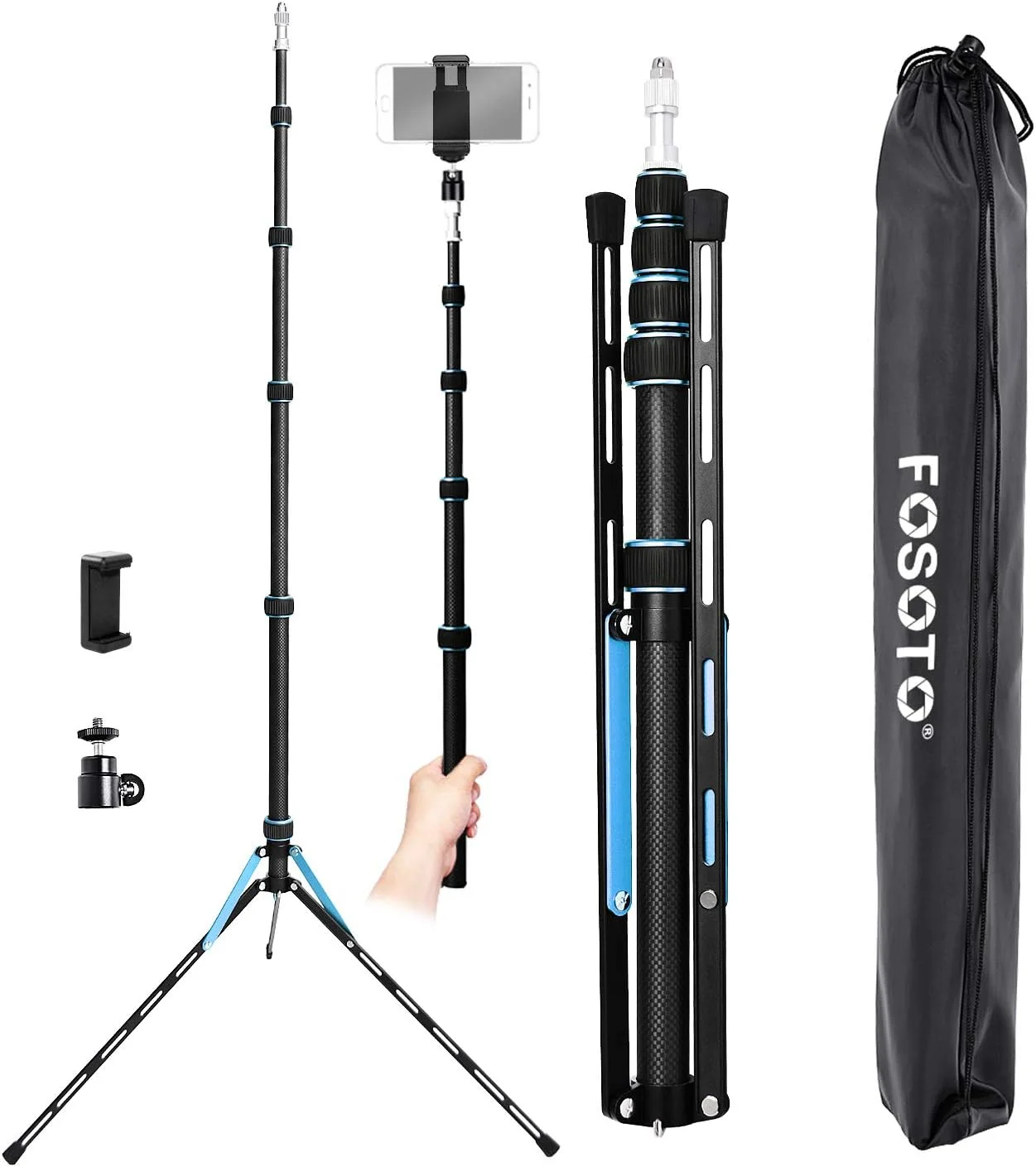 پایه نور سه پایه عکاسی فوسوتو 87 اینچی فیبر کربنی سبک وزن و جمع و جور برای تجهیزات استودیوی عکسبرداری سافت باکس چتر فیلمبرداری و نورپردازی