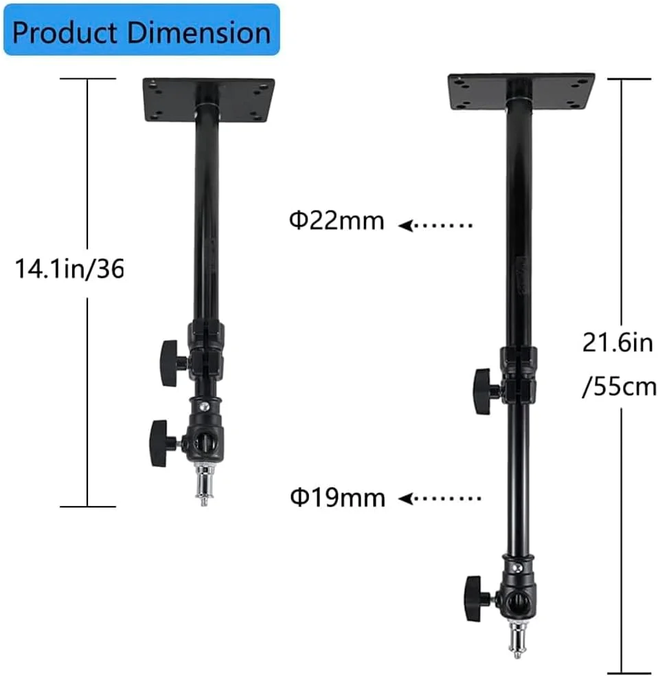 پایه نگهدارنده دیواری سقفی دوربین با ارتفاع 36 تا 55 سانتی متر به همراه آداپتور یونیورسال 1/4 اینچ به 3/8 اینچ، بازوی عکاسی برای نور ویدئویی استودیویی، فلاش، رینگ لایت، رفلکتور