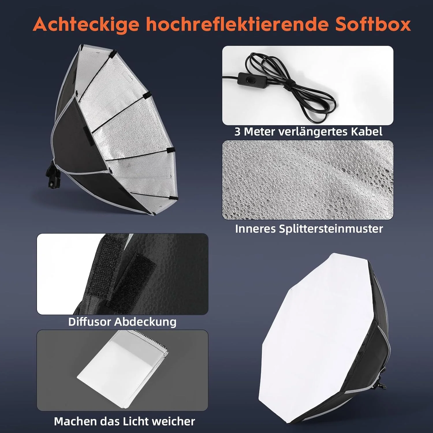 نرم باکس نور FGen، نرم باکس هشت ضلعی 50 سانتی متری با طول کابل 300 سانتی متر به همراه لامپ های LED قابل تنظیم، پایه نور 150 سانتی متری برای عکاسی پرتره، پخش زنده، عکاسی ویدیویی یوتیوب