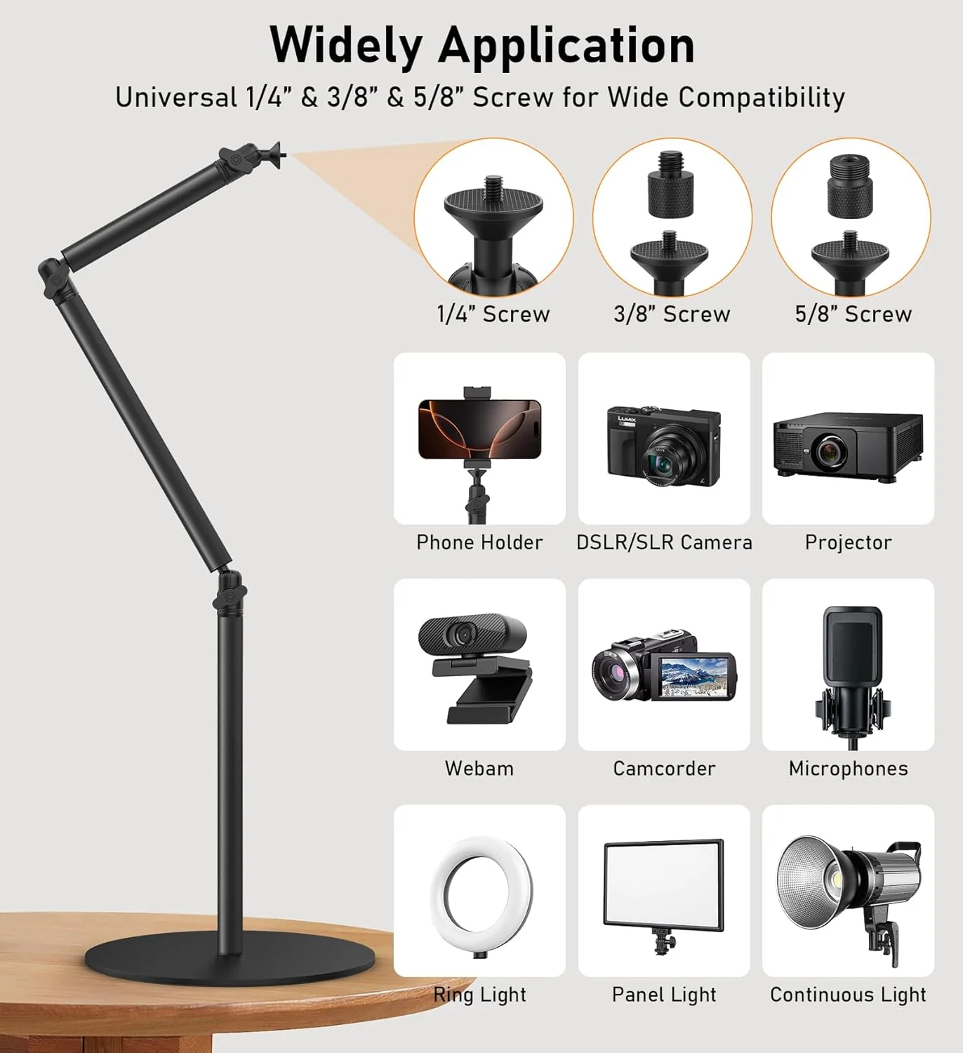پایه رومیزی دوربین با پایه گرد، پایه مونوپاد نورپردازی آلومینیومی انعطاف پذیر با هولدر گوشی با پیچ 1/4، 3/8 و 5/8 اینچ برای دوربین DSLR، نور، وب کم، پخش زنده و ولاگ پایه رومیزی دوربین با پایه گرد، پایه مونوپاد نورپردازی آلومینیومی انعطاف پذیر با هولدر گوشی با پیچ 1/4، 3/8 و 5/8 اینچ برای دوربین DSLR، نور، وب کم، پخش زنده و ولاگ