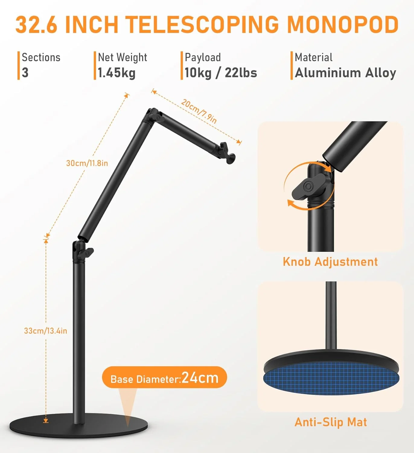 پایه رومیزی دوربین با پایه گرد، پایه مونوپاد نورپردازی آلومینیومی انعطاف پذیر با هولدر گوشی با پیچ 1/4، 3/8 و 5/8 اینچ برای دوربین DSLR، نور، وب کم، پخش زنده و ولاگ پایه رومیزی دوربین با پایه گرد، پایه مونوپاد نورپردازی آلومینیومی انعطاف پذیر با هولدر گوشی با پیچ 1/4، 3/8 و 5/8 اینچ برای دوربین DSLR، نور، وب کم، پخش زنده و ولاگ