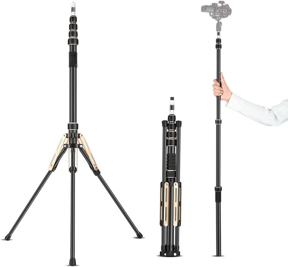 پایه نور ویدئویی قابل حمل Fawoonu 222cm87.4in، پایه سه پایه فیبر کربنی 5 قسمتی قابل تنظیم با ظرفیت بار 3kg6.6lbs به همراه ستون مرکزی جداشدنی با پیچ 14 اینچی و 38 اینچی برای نور ویدئویی LED