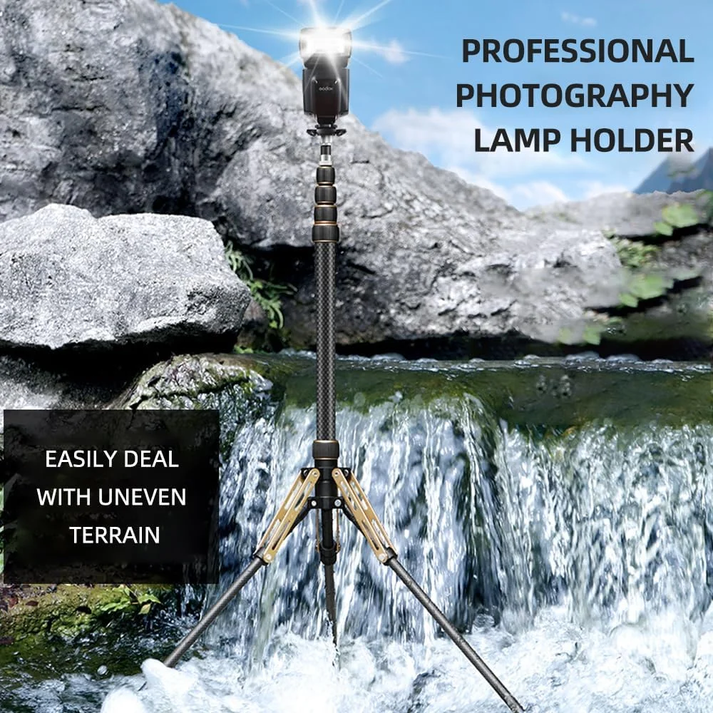 پایه نور ویدئویی قابل حمل Fawoonu 222cm87.4in، پایه سه پایه فیبر کربنی 5 قسمتی قابل تنظیم با ظرفیت بار 3kg6.6lbs به همراه ستون مرکزی جداشدنی با پیچ 14 اینچی و 38 اینچی برای نور ویدئویی LED