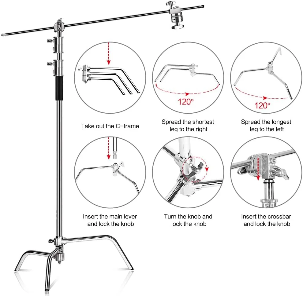 پایه نورپردازی حرفه ای عکاسی Fawoonu، آلیاژ آلومینیوم C-Stand با بازوی بوم، پایه های تاشو، ظرفیت بار 20 کیلوگرم / 44 پوند، حداکثر ارتفاع 330 سانتی متر / 10.8 فوت برای استودیوی عکس