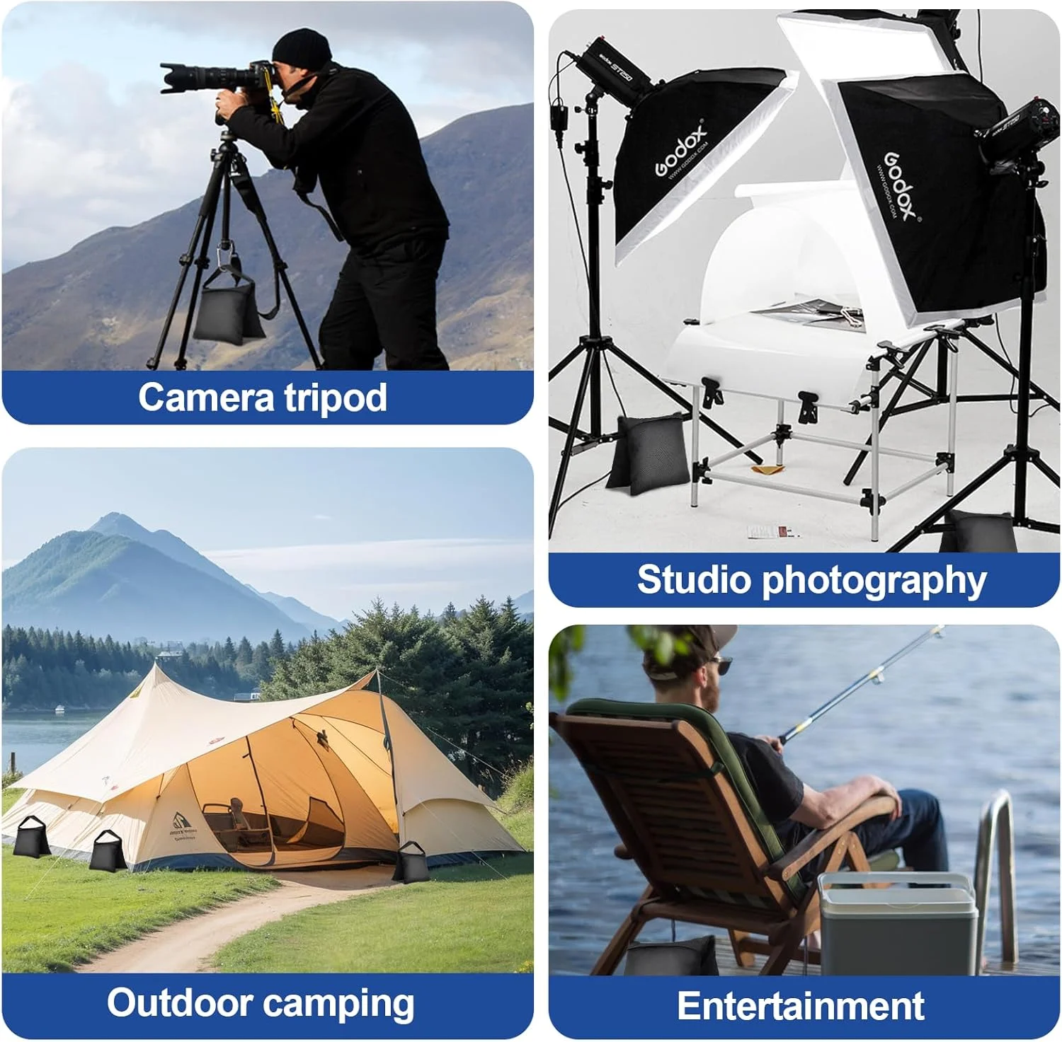 کیسه شن سنگین، کیسه های وزنه تعادل پایه نور، کیسه های زین استودیویی طراحی شده برای استودیو عکس، پایه C، مهمانی های حیاط، عکاسی، ضبط زنده - (مشکی - 6 بسته)