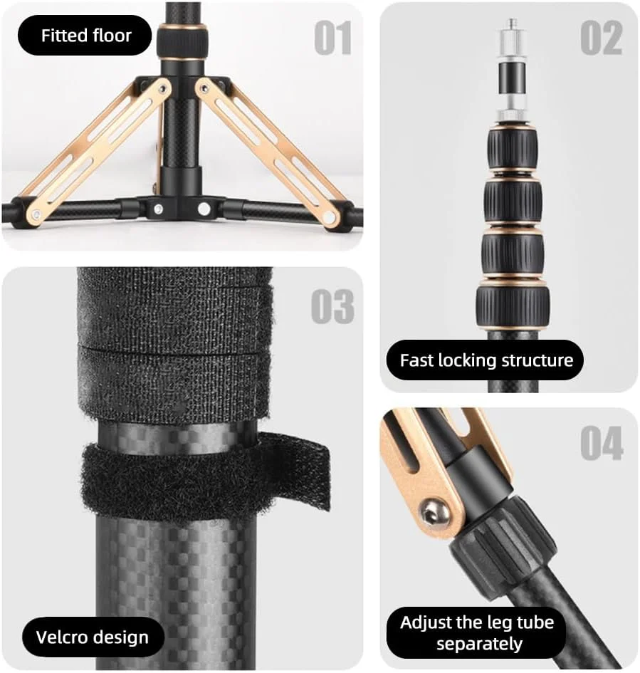 پایه نور ویدئویی قابل حمل Fawoonu 222cm87.4in، پایه سه پایه فیبر کربنی 5 قسمتی قابل تنظیم با ظرفیت بار 3kg6.6lbs به همراه ستون مرکزی جداشدنی با پیچ 14 اینچی و 38 اینچی برای نور ویدئویی LED