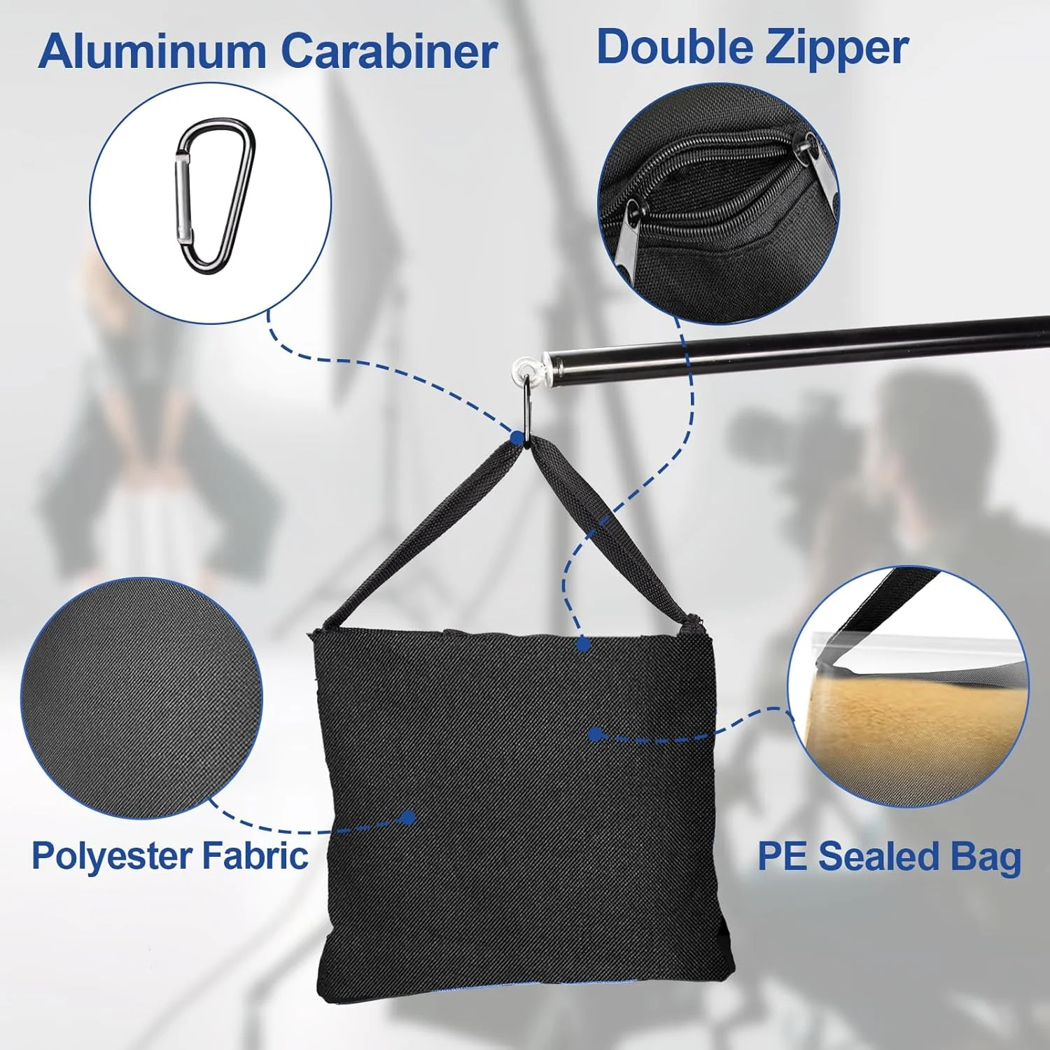 کیسه شن سنگین، کیسه های وزنه تعادل پایه نور، کیسه های زین استودیویی طراحی شده برای استودیو عکس، پایه C، مهمانی های حیاط، عکاسی، ضبط زنده - (مشکی - 6 بسته)