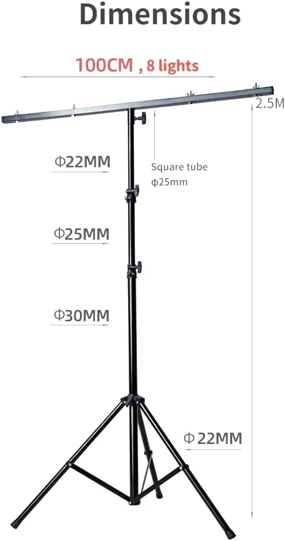 پایه نورپردازی استیج سه پایه دورامکس (TM) به ارتفاع 2.5 متر با میله T شکل 1 متری برای 8 چراغ، مشکی