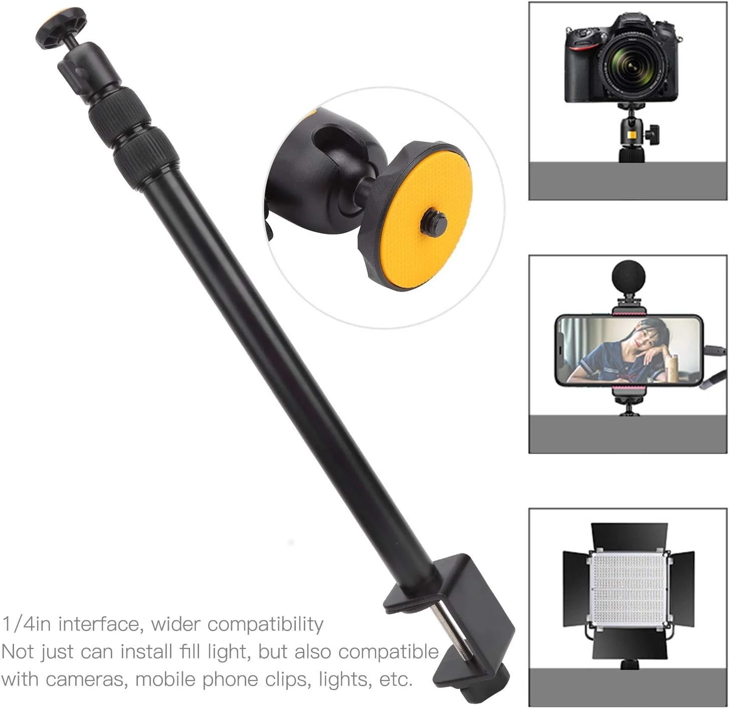 پایه نور رومیزی LS01، پایه نگهدارنده نور با گیره رومیزی و سر توپی چرخان 360 درجه و نگهدارنده جمع شونده