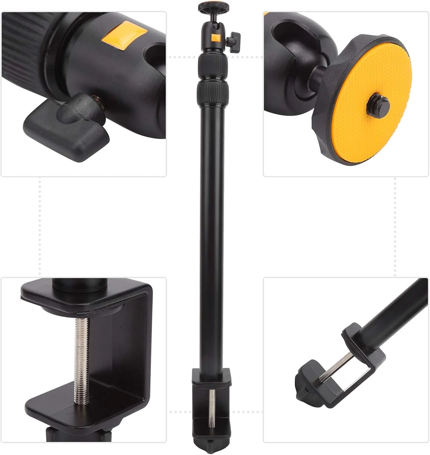 پایه نور رومیزی LS01، پایه نگهدارنده نور با گیره رومیزی و سر توپی چرخان 360 درجه و نگهدارنده جمع شونده