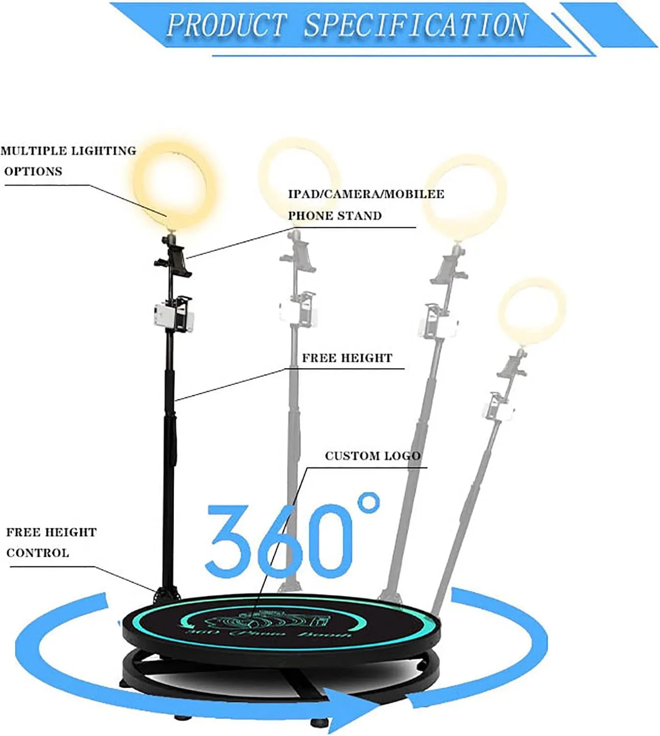دستگاه عکاسی 360 درجه برای مهمانی ها، لوگوی سفارشی رایگان، پلتفرم سلفی چرخش 360 درجه حرکت آهسته خودکار برای مهمانی، عروسی، پخش زنده، با نور حلقه ای LED دستگاه عکاسی 360