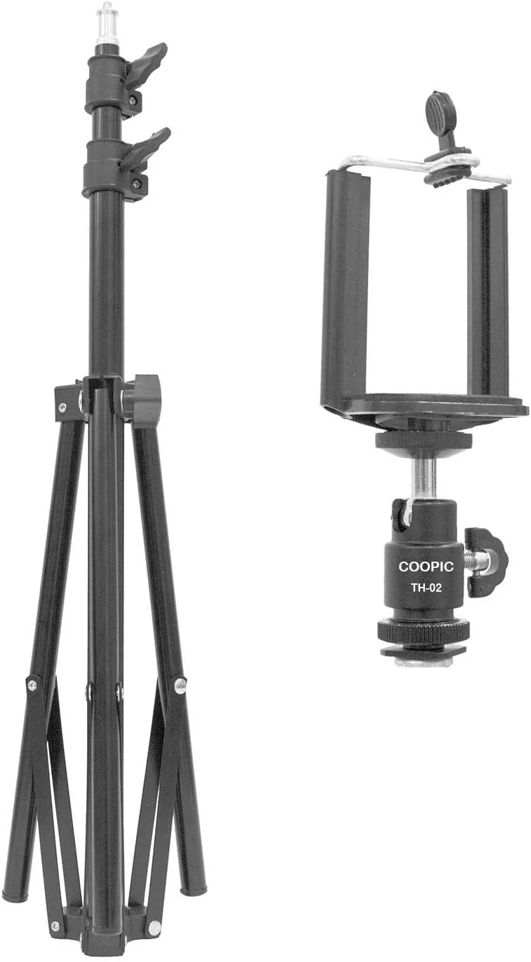 مجموعه پایه COOPIC: (1) پایه نور قابل تنظیم 150 سانتی‌متری L-150، (1) نگهدارنده موبایل و (1) آداپتور کفشک سرد توپی کوچک 1/4 اینچی TH-02 برای عکاسی و فیلم‌برداری واقعیت مجازی HTC Vive