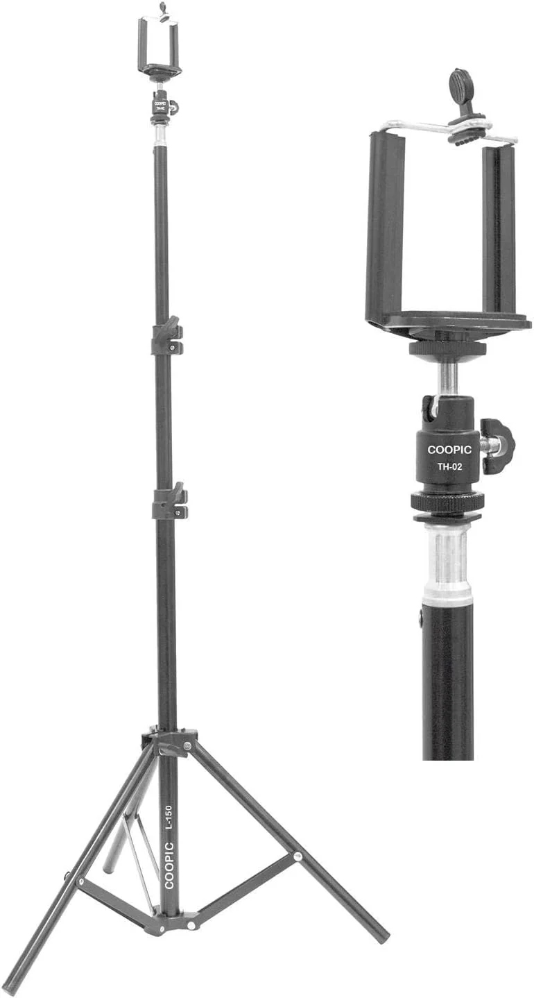 مجموعه پایه COOPIC: (1) پایه نور قابل تنظیم 150 سانتی‌متری L-150، (1) نگهدارنده موبایل و (1) آداپتور کفشک سرد توپی کوچک 1/4 اینچی TH-02 برای عکاسی و فیلم‌برداری واقعیت مجازی HTC Vive