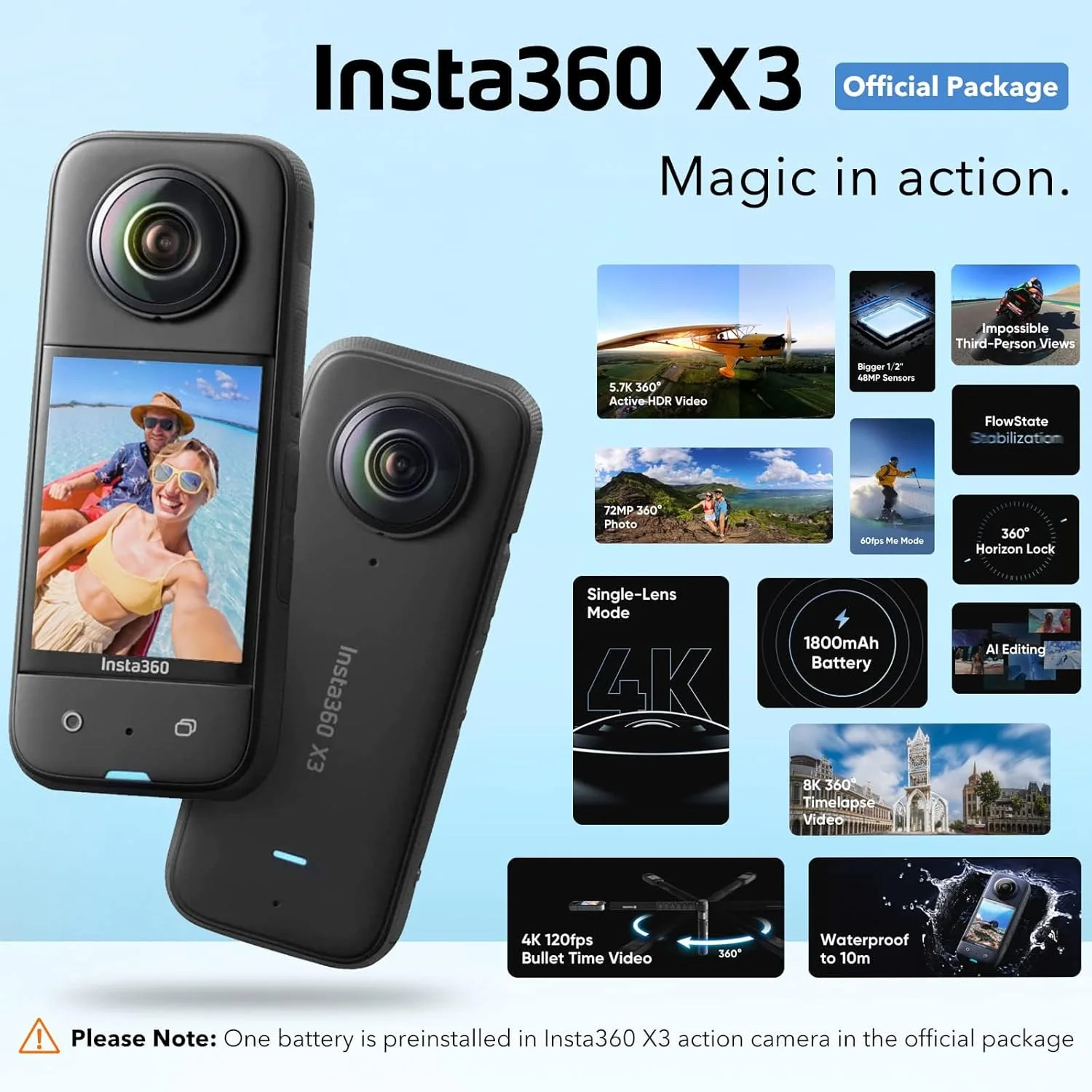 دوربین اکشن 360 ضد آب Insta360 X3 با حسگرهای 1/2 اینچی 72 مگاپیکسلی، فیلمبرداری HDR فعال 360 با کیفیت 5.7K، همراه با مونوپاد نامرئی، درپوش لنز، کیف حمل، محافظ صفحه نمایش (بسته 7 عددی) - تصویر 2