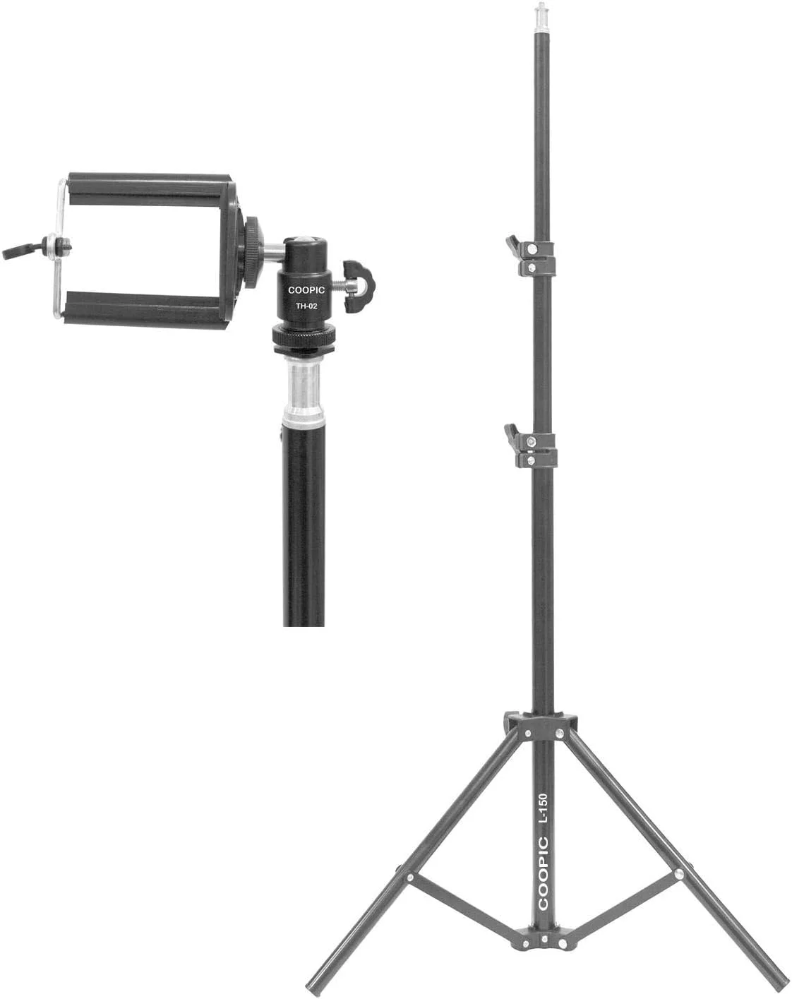 مجموعه پایه COOPIC: (1) پایه نور قابل تنظیم 150 سانتی‌متری L-150، (1) نگهدارنده موبایل و (1) آداپتور کفشک سرد توپی کوچک 1/4 اینچی TH-02 برای عکاسی و فیلم‌برداری واقعیت مجازی HTC Vive