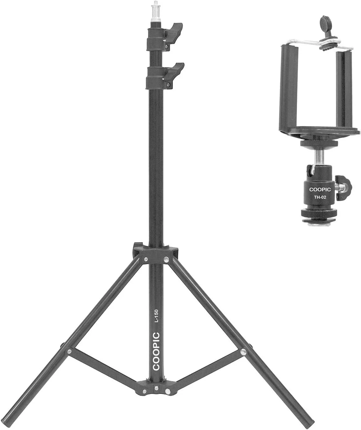مجموعه پایه COOPIC: (1) پایه نور قابل تنظیم 150 سانتی‌متری L-150، (1) نگهدارنده موبایل و (1) آداپتور کفشک سرد توپی کوچک 1/4 اینچی TH-02 برای عکاسی و فیلم‌برداری واقعیت مجازی HTC Vive