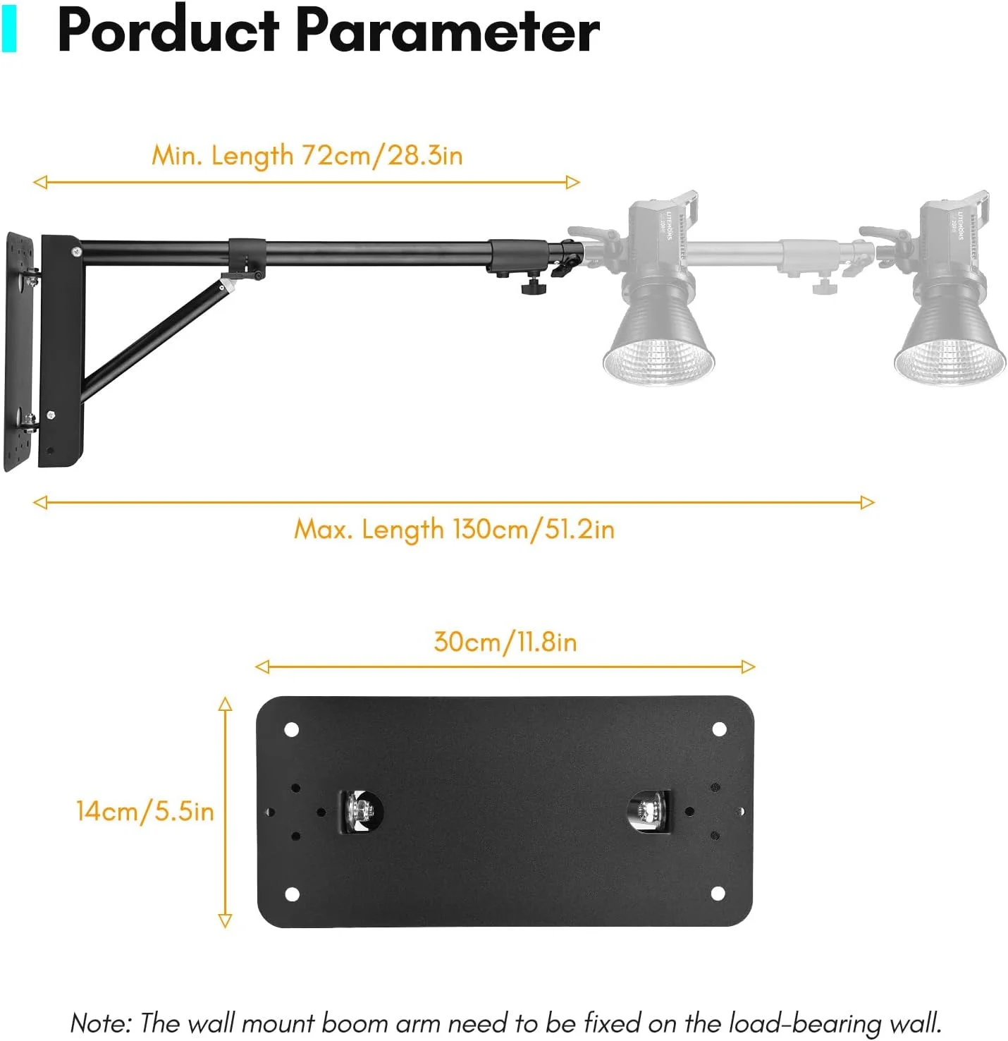 بازوی بوم مثلثی نصب دیواری برای نورپردازی استودیویی، نور تک، سافت باکس، رفلکتور، نور حلقوی، آلیاژ آلومینیوم، ظرفیت بار 5 کیلوگرم، چرخش 180 درجه، حداکثر طول 130 سانتی متر