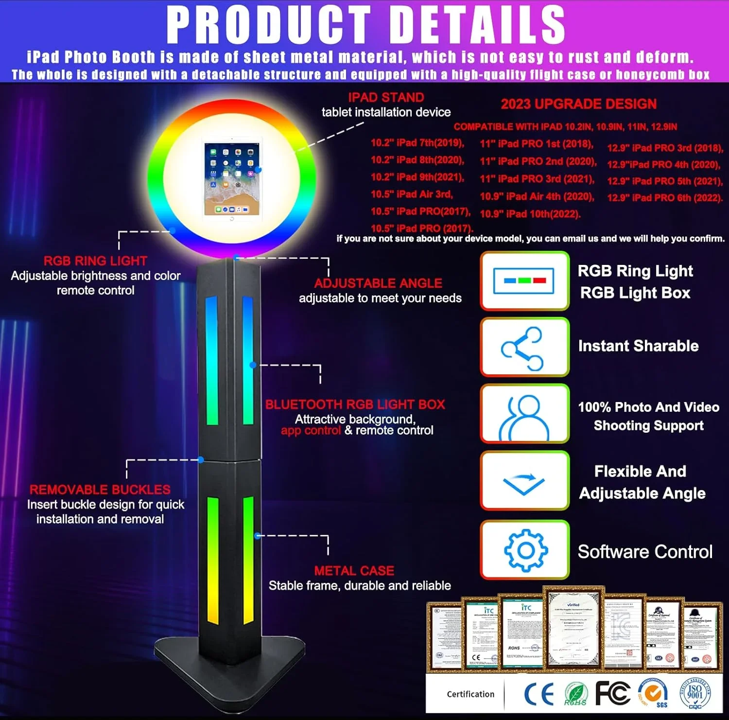 کیوسک عکسبرداری قابل حمل HITUGU برای آیپد 10.2 اینچی، نور حلقه ای RGB، جعبه نور RGB همگام با موسیقی، برنامه بلوتوث و کنترل از راه دور، دستگاه سلفی با بدنه فلزی، کیف پرواز، برای مهمانی ها، کریسمس، عروسی