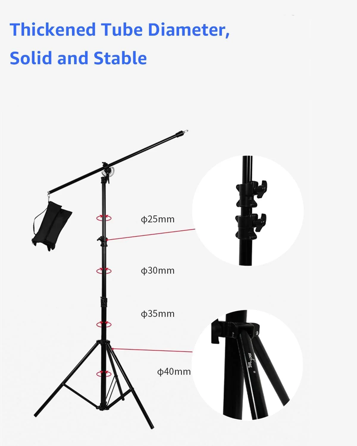 پایه نور آلومینیومی Amaran، پایه عکاسی قابل تنظیم 2.8 متری با بازوی بوم، کیسه شن، پیچ 1/4 اینچی برای سافت باکس، نور استودیویی، فلاش، چتر، رینگ لایت، دوربین، حداکثر بار 5 کیلوگرم