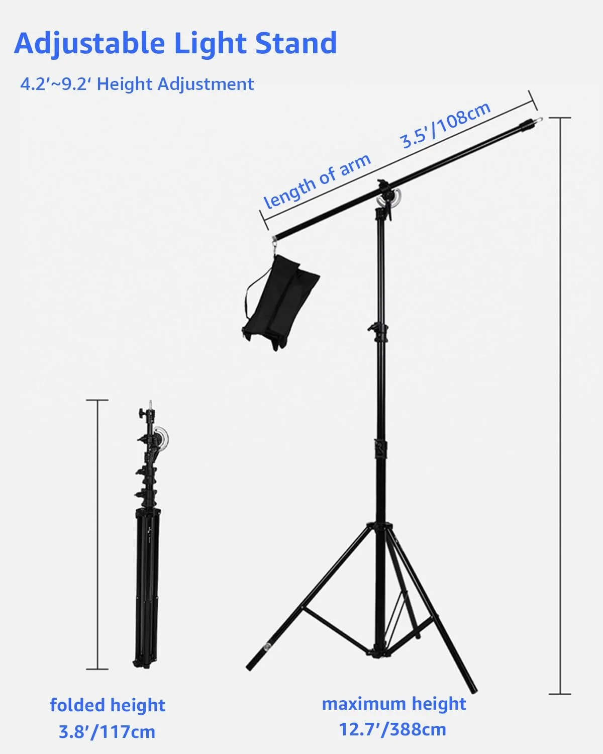 پایه نور آلومینیومی Amaran، پایه عکاسی قابل تنظیم 2.8 متری با بازوی بوم، کیسه شن، پیچ 1/4 اینچی برای سافت باکس، نور استودیویی، فلاش، چتر، رینگ لایت، دوربین، حداکثر بار 5 کیلوگرم
